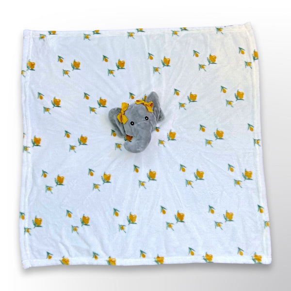 Baby blankie with grey elephant head in centre in white minky fabric with yellow and green flowers ready to be personalised