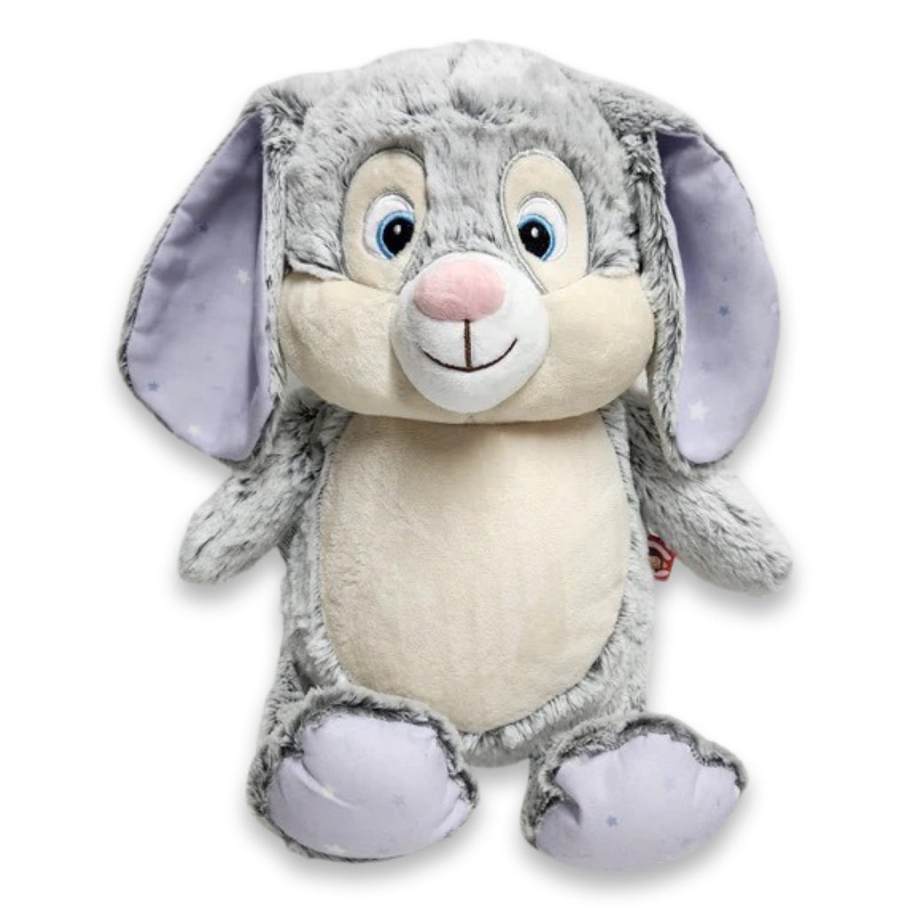 Grey coloured bunny teddy bear plushie with light purple fabric on the inside of the ears and pads of the feet. The light purple fabric has white and dark purple stars on it. It has a plain white belly ready to be personalised with embroidery.