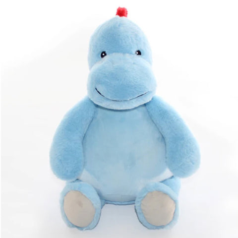 Light blue dinosaur plushie with pale blue belly ready to be personalised.