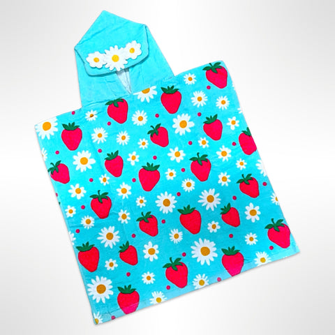 Junior sized beach poncho covered in bright red strawberries and white daisies on an aqua background, personalised with a name on the back.