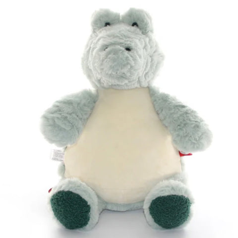 Light green baby alligator plushie with light coloured belly ready to be personalised.