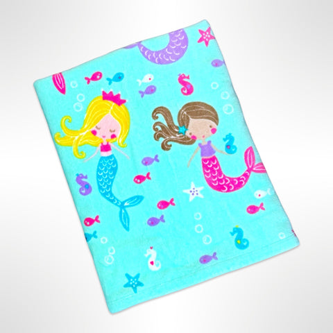 Personalised Children's Beach Towel with mermaids swimming with sea life on an aqua background.