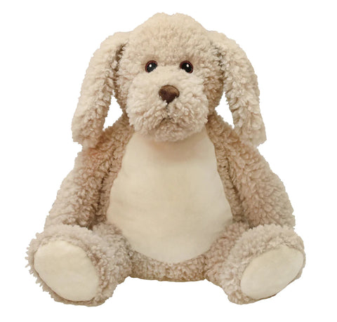 Light beige coloured dog plushie teddy with long ears and long snout that has a lighter beige coloured belly that is ready for personalisation.