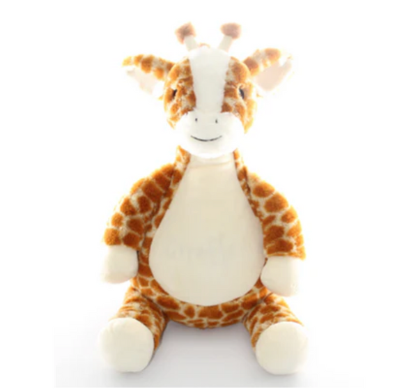 Brown coloured giraffe plushie teddy with pale cream coloured ears and on the feet pads that has a lighter cream coloured belly that is ready for personalisation.