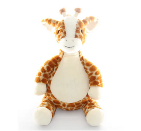 Brown coloured giraffe plushie teddy with pale cream coloured ears and on the feet pads that has a lighter cream coloured belly that is ready for personalisation.