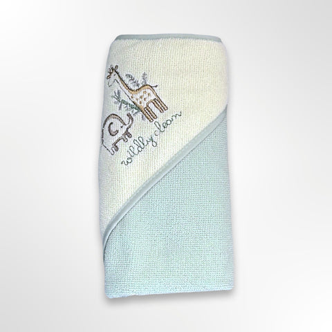Mint green personalised baby hooded towel - the hood has an elephant and giraffe with the words wildly clean.