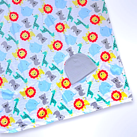 Double layer minky blanket with koala, giraffes, lions and elephants on a white background, ready to be personalised with a name.