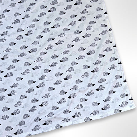 Double layer minky fleece blanket with black and grey porcupines repeated in a pattern on a white background ready to be personalised with an embroidered name.
