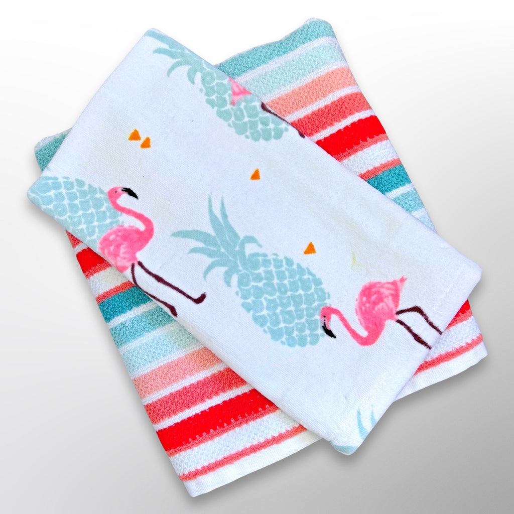 Pink and blue stripe personalised bath towel with matching hand towel with a pineapple and flamingo pattern.
