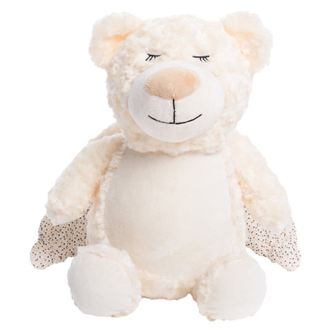 Cream coloured angel teddy bear plushie with closed eyes and angel wings attached to the back. It has a plain white belly ready to be personalised with embroidery.