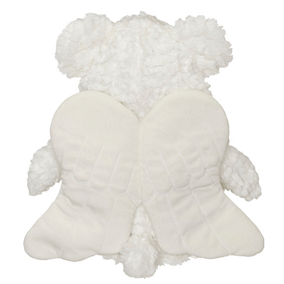 Rear view of a white angel bear plushie teddy with silver nose and large white wings on the back.