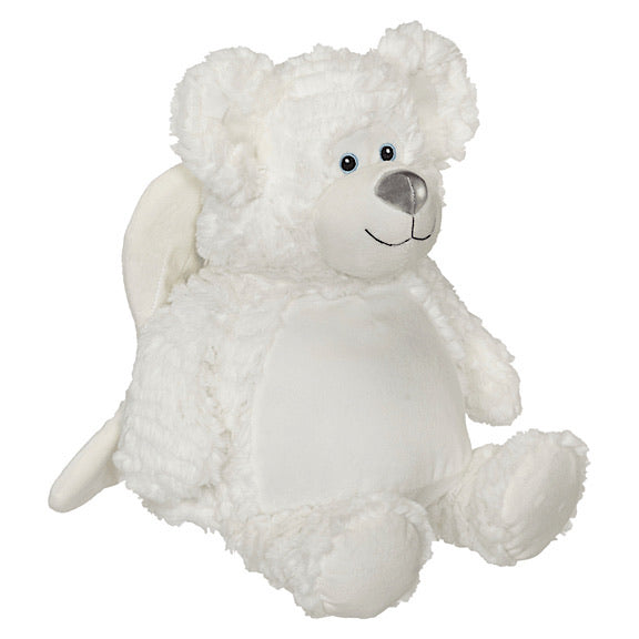 Side view of a white angel bear plushie teddy with silver nose and large white wings on the back.