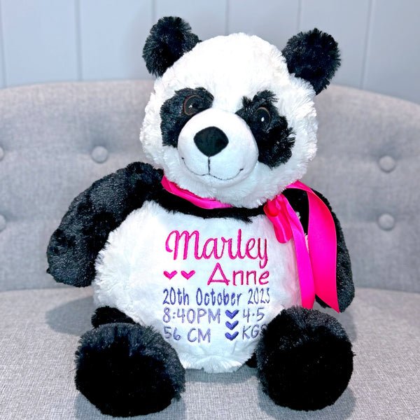 Black and white personalised panda teddy plushie personalised with birth details for Marley in embroidery colours dark pink, dark purple and light purple