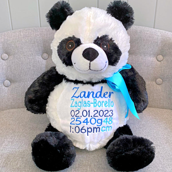 Black and white personalised panda plushie teddy personalised with birth details for Zander in embroidery colours sapphire blue, ark blue and aqua blue