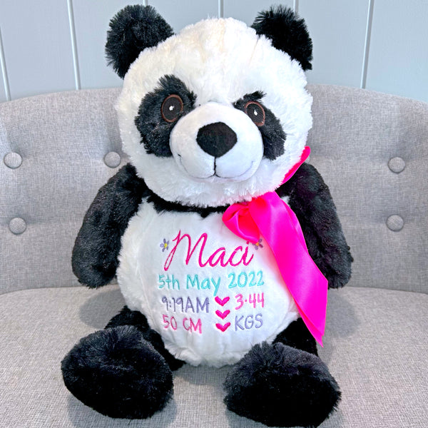 Black and white personalised panda teddy plushie personalised with birth details for Maci in embroidery colours dark pink, mint and light purple