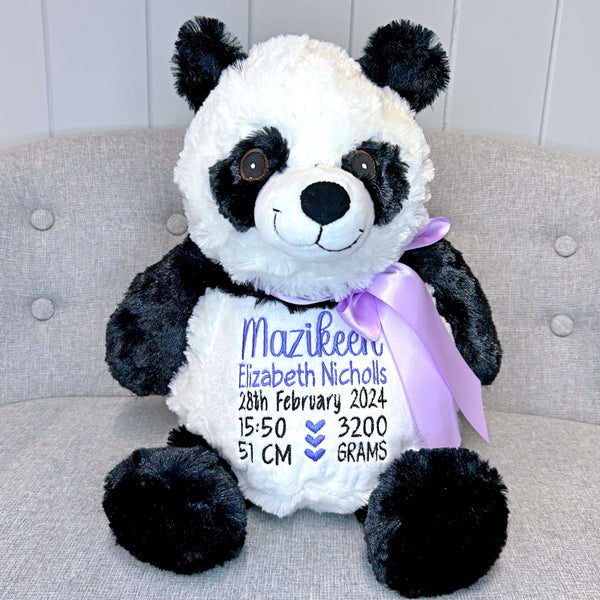 Black and white personalised panda teddy plushie personalised with birth details for Mazikeen in embroidery colours dark purple and black