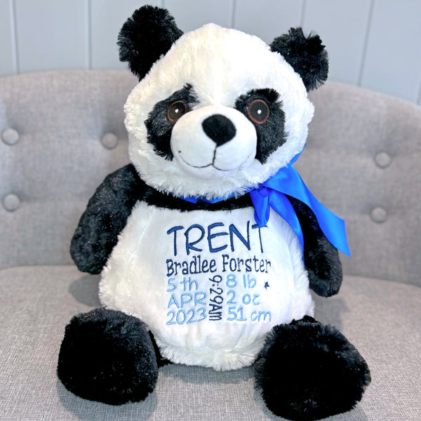 Black and white personalised panda plushie teddy personalised with birth details for Trent in embroidery colours dark blue and light blue