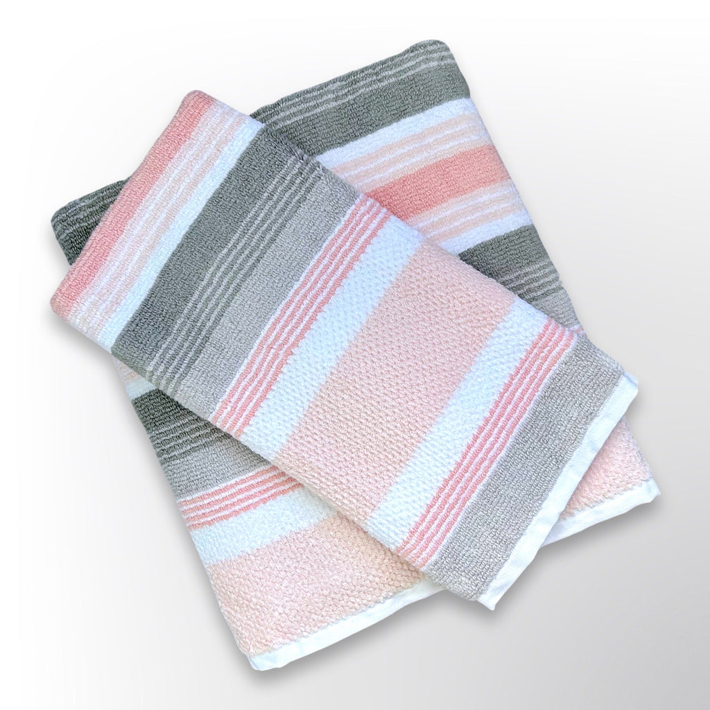 Pink, grey and white striped personalised bath towel  and hand towel giftset.