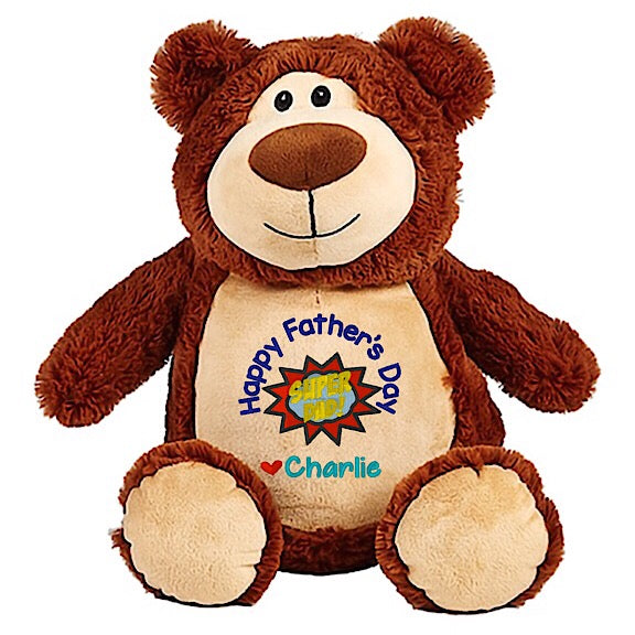 Brown shaggy teddy bear plushie with light brown belly  embroidered with Happy Fathers Day Super Dad and personalised with children's names