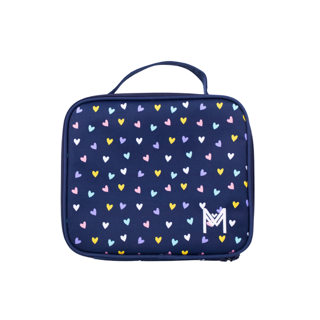 MontiiCo Medium Lunch Bag with navy blue background covered in multi-coloured hearts