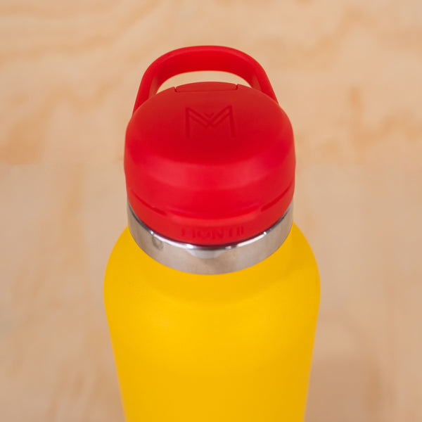 Montiico drink bottle in pineapple yellow with cherry red free pour lid