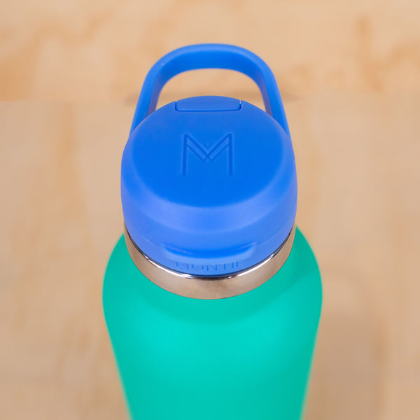 Montiico drink bottle in kiwi green with blueberry blue free pour lid
