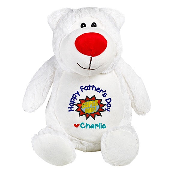 White shaggy teddy bear plushie with bright red nose and white brown belly  embroidered with Happy Fathers Day Super Dad and personalised with children's names