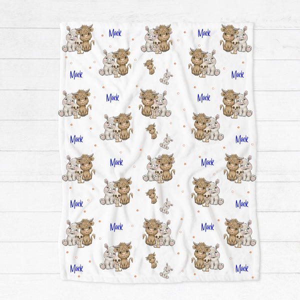 Personalised fleece minky blanket with a trio of African animals - a cow / buffalo, hippopotamus and meerkat