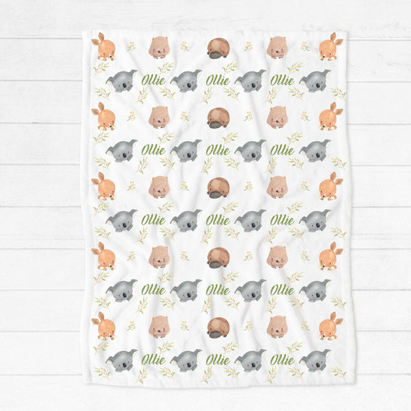 Personalised fleece minky blanket with australian animals including koala, kangaroo, wombats and platypus 