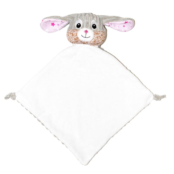 Starbright bunny with pink starry ears and white body blankie blanket comforter snugglie ready to be personalised