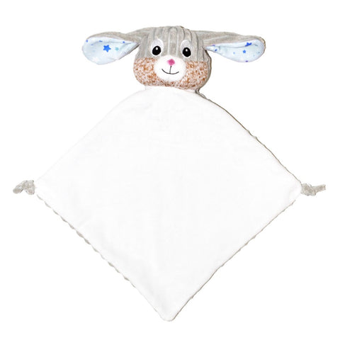 Starlight bunny with blue starry ears and white body blankie blanket comforter snugglie ready to be personalised