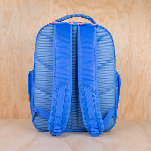 Montiico Petals Backpack with blue background showing rear view with padded back strips