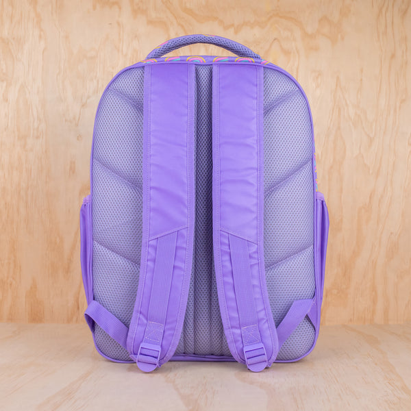 Montiico Rainbows Backpack showing back view with purple padded back straps