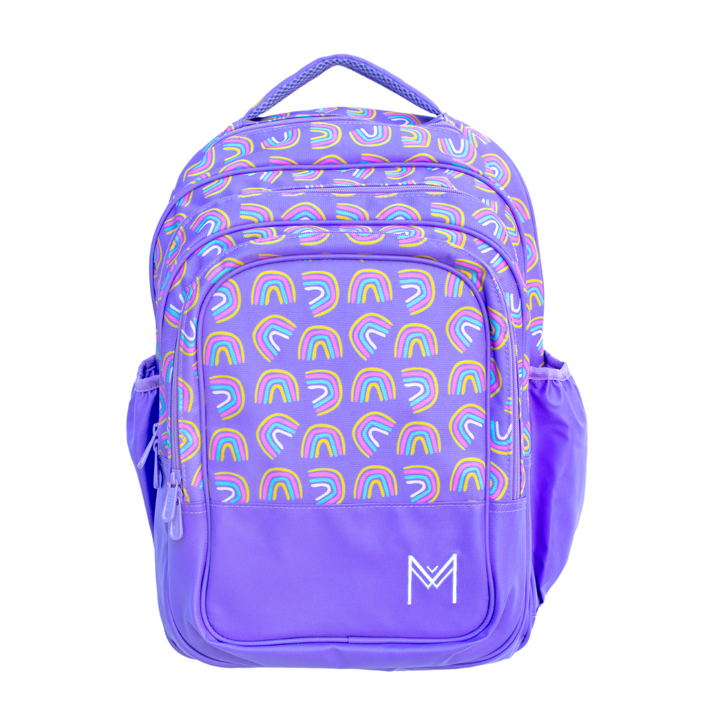 Montiico Backpack with purple background covered in multi-coloured rainbows