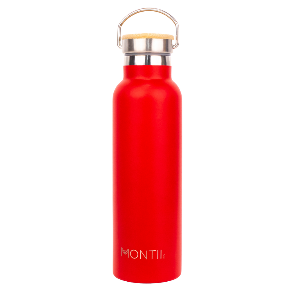 Montiico Original Drink Bottle in the colour cherry red with bamboo screw top lid