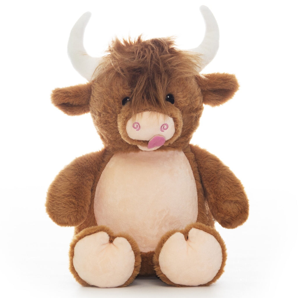 Light brown coloured highland cow plushie teddy with white horns and shaggy lock of hair in the front, with a light coloured belly ready to be personalised