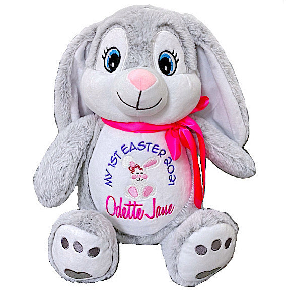 Grey and white bunny rabbit plushie teddy with large blue eyes, personalised for my first easter 2021