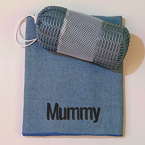 Denim blue coloured microfibre sports gym golf towel personalised with a name with mesh carry bag