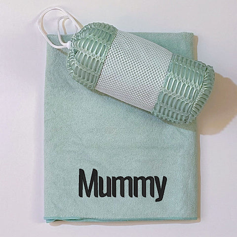 Sage green coloured microfibre sports gym golf towel personalised with a name with mesh carry bag