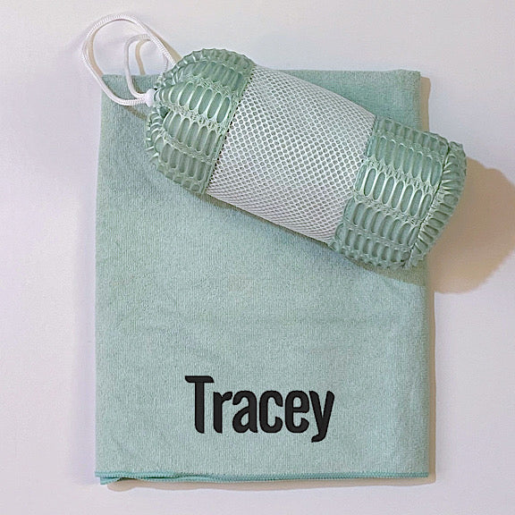 Sage green coloured microfibre sports gym golf towel personalised with a name with mesh carry bag