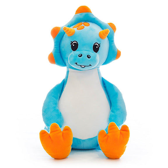 Blue and orange dinosaur plushie teddy with white belly to be personalised