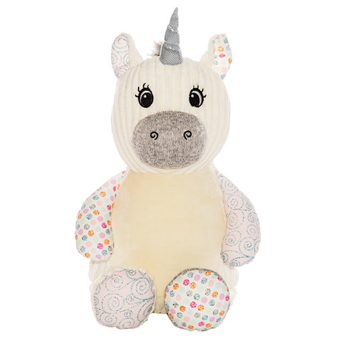 White unicorn plushie teddy with legs in accent fabrics of pink and silver swirl and pink, mint and grey spots with a white belly to be personalised 