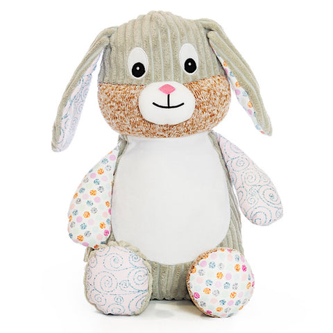 Grey bunny plushie teddy with accent fabric on legs and ears of pink and silver swirls and pink, mint and silver spots, with a white belly ready to be personalised