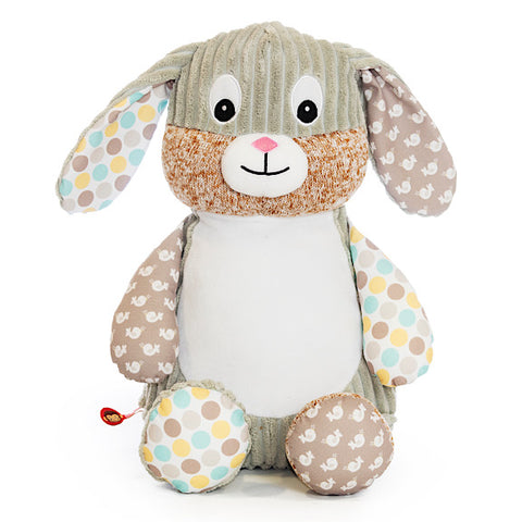 Grey bunny plushie teddy with accent fabric on legs and ears of mint, brown, beige and yellow, with a white belly ready to be personalised