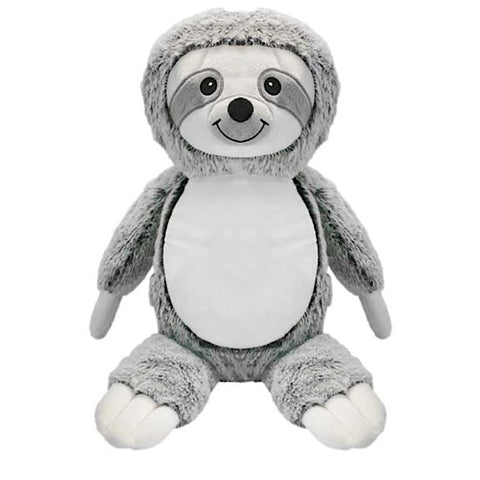 Grey and white sloth plushie teddy with  a white belly ready to be personalised