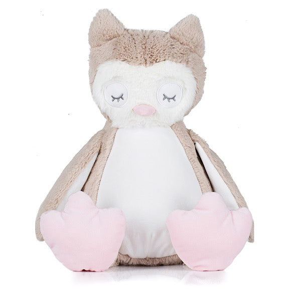Beige and white owl plushie teddy with pink feet and sleepy eyes with a white belly ready to be personalised