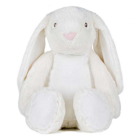 Cream and white bunny plushie teddy  with long floppy ears and with a white belly ready to be personalised