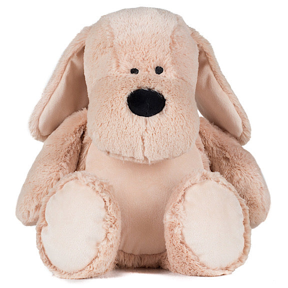 Cream and white puppy dog plushie teddy with white belly ready to be personalised