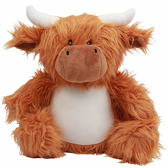 Brown and white highland cow plushie teddy with really shaggy fur and white horns and white belly ready to be personalised