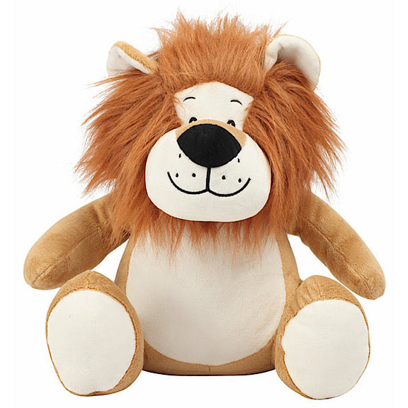 Orange and white lion plushie teddy with extra shaggy brown mane and white belly ready to be personalised
